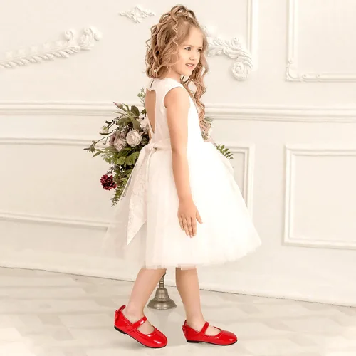 Vista 2 de PANDANINJIA Zapatos planos de ballet Mary Jane para niña pequeña, con lazo y flores, para boda, fiesta, bailarina