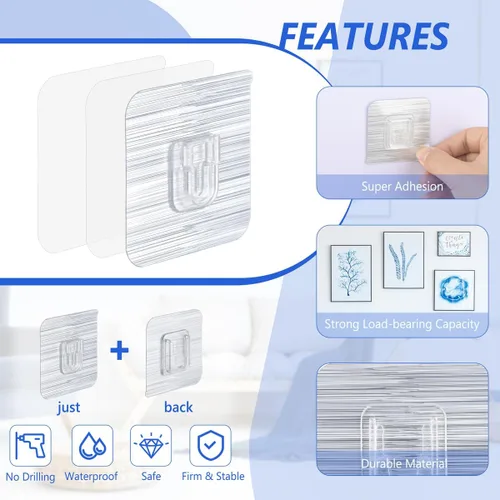 Vista 3 de 30 ganchos adhesivos de pared de doble cara, 15 libras máximo, resistentes, limpios e impermeables para baño, cocina, colgar cuadros
