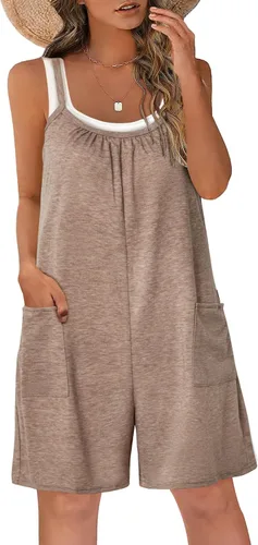 Vista 10 de Vigorics Enterizo casual para mujer, sin mangas, con tirantes ajustables, pantalones cortos, overoles elásticos con bolsillos Negro