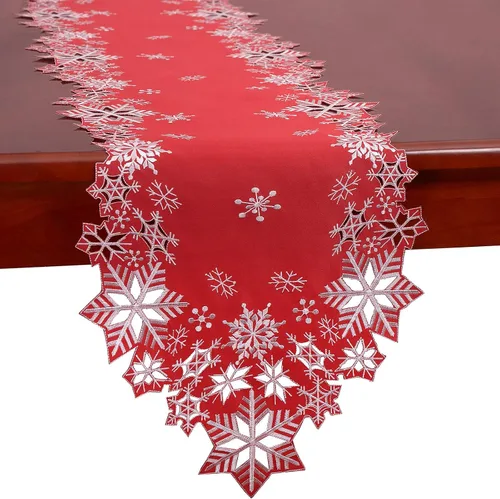 Vista 6 de Caminos de mesa bordados con copos de nieve para Navidad e invierno (rojo, 14 x 34 pulgadas)