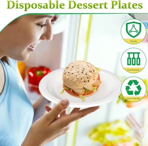Vista 3 de Platos de papel pequeños, paquete de 200 platos de papel de 7 pulgadas, platos desechables para pastel de postre, platos 100% compostables hechos