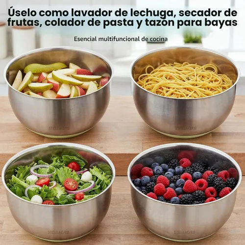 Vista 2 de Ensaladera grande de acero inoxidable giratorio de 5.3 cuartos de galón, secadora de lechuga, lavadora de verduras con botón de freno, base