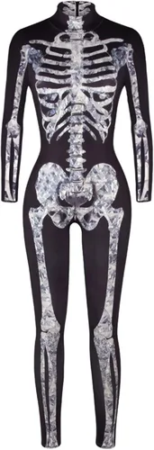 Vista 3 de Fixmatti Disfraz de fiesta de Halloween para mujer, traje de manga larga con estampado de calavera