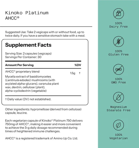 Vista 2 de Quality of life. Ahcc Kinoko Platinum. Extracto de hongos 0.026 oz 60 cápsulas, 812259003370, 1