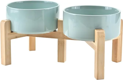 Vista 35 de SPUNKYJUNKY Cuencos elevados de cerámica para perros, 5.1 pulgadas, para comida de perros y gatos, cuencos elevados con soporte de bambú Verde oscuro