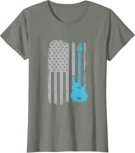 Vista 4 de Electric Bass Guitar Player American Flag Musician T-Shirt Asphalt Grey