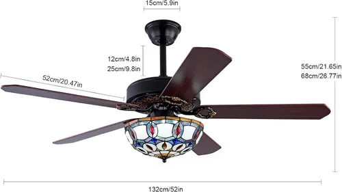 Vista 2 de Ventilador de techo Tiffany de 52 pulgadas con luces y control remoto, ventiladores de techo tradicionales de madera de perfil bajo, ventilador