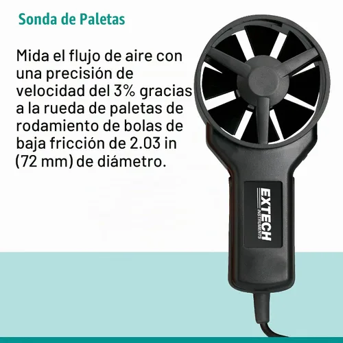 Vista 5 de Extech AN100 CFM/CMM Mini termoanemómetro, flujo de aire y velocidad Air flow CFM/CMM, air velocity, ambient temp, 20-point average, stored area