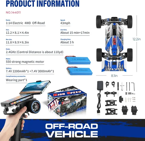 Vista 7 de WLtoys 144001 V2 1/14 RC Cars, 4WD Control remoto de alta velocidad para adultos, diseño de iluminación creativa, hardware y batería actualizados
