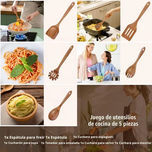 Vista 7 de Cucharas de madera para cocinar, juego de utensilios de cocina de madera de 5 piezas hechos de material de madera maciza natural, incluye cucharas