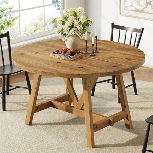 Vista 4 de Mesa de comedor de madera maciza de 47 pulgadas para 4-6, mesa de cocina redonda de granja con patas de madera resistentes, mesas de comedor