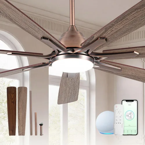 Vista 13 de Ventilador de techo con aspas de aluminio de 60 pulgadas con luz, ventilador inteligente industrial que funciona con Alexa, ventiladores de techo