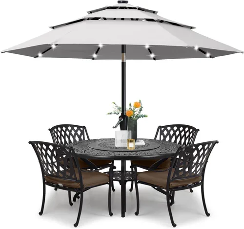 Vista 33 de ABCCANOPY Sombrilla solar de patio de 3 niveles de 11 pies, 32 luces LED Beige