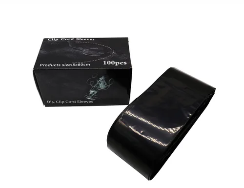 Vista 5 de HuoHuo 100 fundas de cordón de clip, fundas de plástico con clip de color negro, fundas desechables para cable de higiene, una caja de 100 fundas