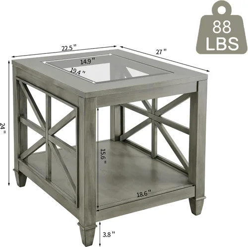 Vista 2 de Mesa auxiliar de madera maciza de 2 niveles con vidrio templado, mesa auxiliar cuadrada de madera para sofá, mesita de noche rústica con soporte