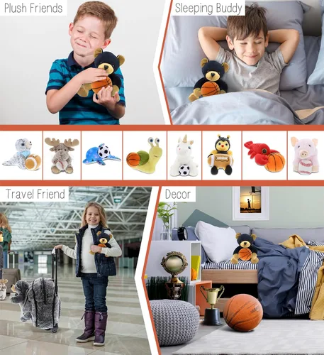 Vista 4 de DolliBu Peluche de oso negro con peluche de baloncesto, oso suave y abrazable, adorable juguete de peluche de oso para jugar, lindo regalo de vida