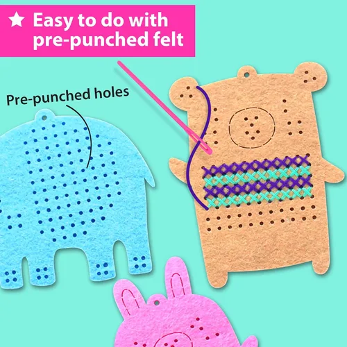 Vista 4 de KRAFUN Kits de Punto de Cruz para Niños Principiantes, 4 Llaveros de Punto de Cruz Artes y Manualidades con Animales, Unicornio, Kit de Bordado