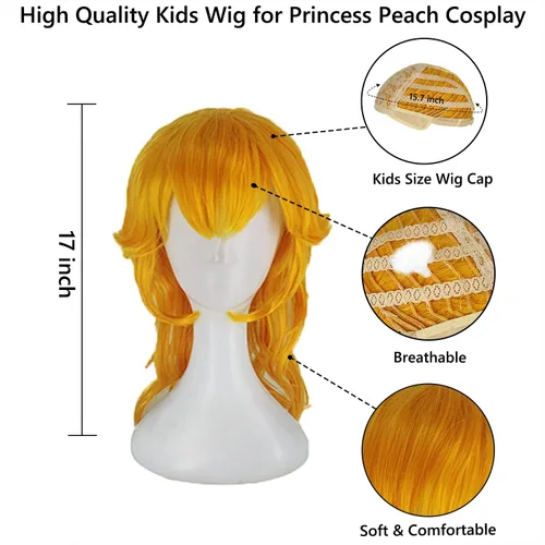 Vista 4 de Oumbivil Princess Peach Costume Dress for Girls Kids Cosplay with Wig Crown Gloves Birthday Outfit Halloween Costumes
