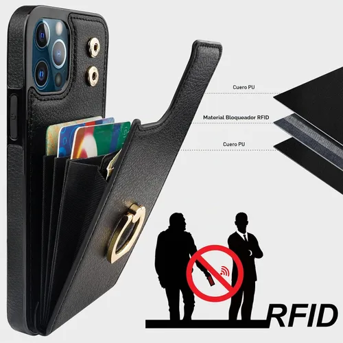 Vista 5 de Folosu Funda compatible con iPhone 12 Pro Max con soporte para tarjetas, rotación de 360°, soporte de anillo de dedo con función atril, protección