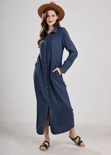Vista 13 de utcoco Vestido largo casual de mezclilla con botones para mujer, con solapa, manga larga, con bolsillos