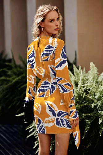 Vista 4 de PRETTYGARDEN Vestido de satén de primavera para mujer, manga larga, lazo en la cintura, elegante, cóctel, fiesta, mini vestidos de otoño