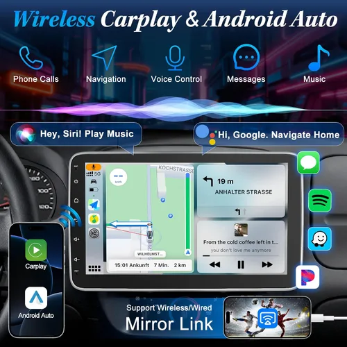 Vista 2 de [2G+64G] Radio de coche Bluetooth de 10.1 pulgadas con Bluetooth inalámbrico Apple Carplay Android Auto, pantalla táctil giratoria Receptores