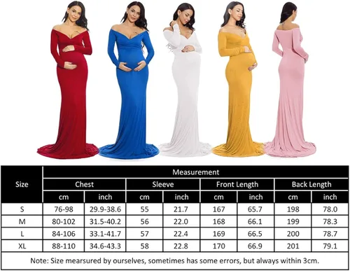 Vista 5 de ZIUMUDY - Vestido ajustado de maternidad con cuello en V fruncido, hombros descubiertos, manga larga, maxivestido para fotografía