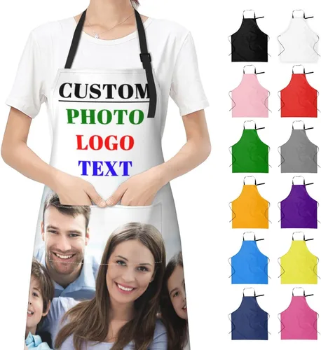 Vista 12 de Delantales de cocina personalizados para hombres y mujeres con bolsillos, personalizable, foto, logotipo, imagen, nombre, chef cocinero, delantal