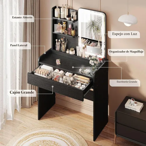 Vista 5 de Memobarco Escritorio de maquillaje pequeño negro con cajón y estantes de almacenamiento