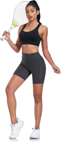 Vista 5 de ChinFun - Shorts de yoga para mujer, de talle alto con control de abdomen, estiramiento en 4 direcciones, bolsillos laterales, para entrenamiento