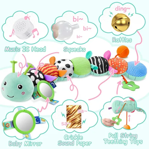Vista 3 de Juguetes para Bebés Sensoriales Musicales de Animales de Peluche para Infantes de 0-3-6-12 Meses Tiempo Boca Abajo Recién Nacido, Oruga de Peluche