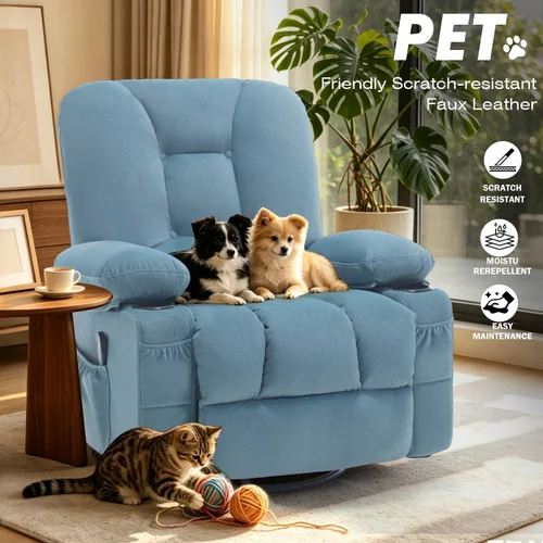 Vista 8 de Rocker - Silla reclinable con masaje y calor, sillón reclinable giratorio con relleno con soporte para tazas, bolsillo lateral USB, sofá mecedora