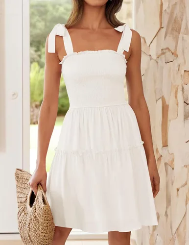 Vista 3 de ZESICA Vestido corto de verano para mujer, con tirantes delgados, sin mangas, cuello cuadrado, volantes, acampanado, con vuelo