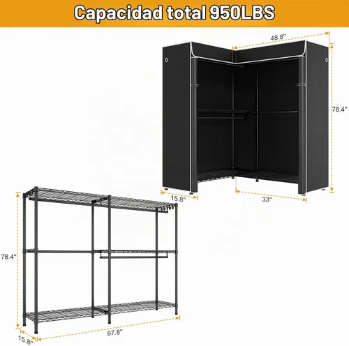 Vista 3 de ULIFHOME E15C Pro - Perchero en forma de L para esquina, perchero independiente para colgar ropa, sistema de armario resistente de 48.8 pulgadas