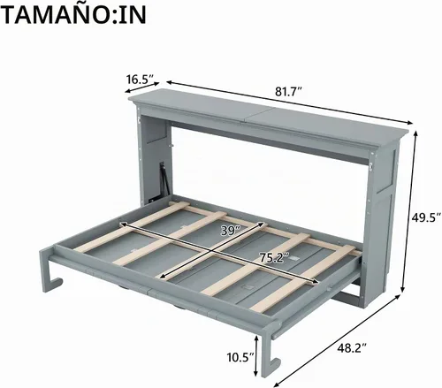 Vista 2 de MERITLINE Armario de cama Murphy horizontal individual con escritorio, marco de cama Murphy de madera maciza para habitación pequeña, oficina Gris