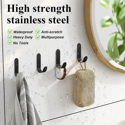 Vista 2 de ATDOALL Ganchos adhesivos para toallas, 20 ganchos de pared autoadhesivos de acero inoxidable, gancho de ducha negro resistente, impermeable, a