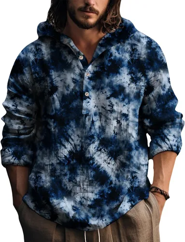 Vista 11 de Sudaderas con capucha para hombre, con estampado de teñido anudado, cuello en V, manga larga, con botones, de gran