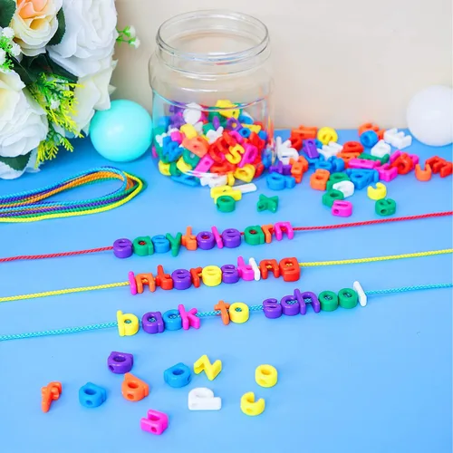 Vista 7 de Wesiti 204 piezas de letras con cordones del alfabeto, juguetes de aprendizaje para niños pequeños, cuentas del alfabeto ABC, juguetes