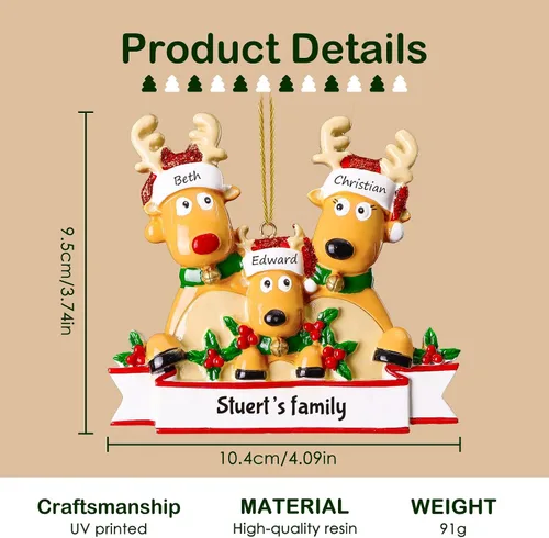 Vista 2 de Adornos de Navidad personalizados de ciervo, familia de 2, 3, 4, 5, 6, 7, 8 – Adorno de Navidad personalizable con nombre de reno, texto para árbol