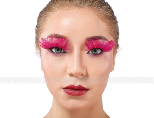 Vista 4 de EMILYSTORES - Pestañas para disfraz de plumas sintéticas rosas para Halloween, pestañas dramáticas, aspecto de fiesta, 1 par