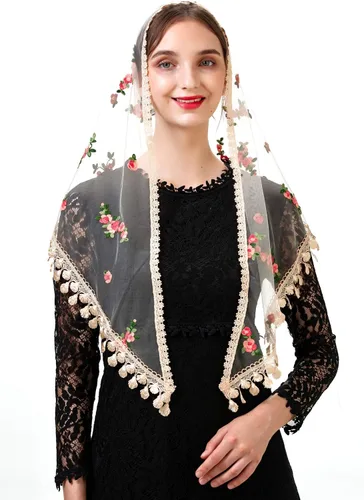 Vista 2 de PAMOR Triángulo pequeña flor capilla velos bordados bufanda mantón latino masa cabeza cubierta Mantilla velo para iglesia
