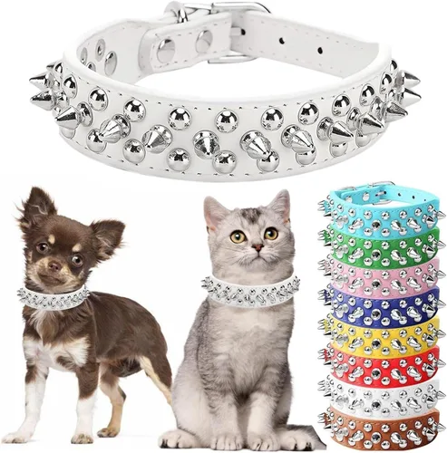 Vista 8 de Collar de perro con pinchos para perros pequeños, collares de cachorro macho con pinchos de cuero PU con remaches de hongos, collares tachonados