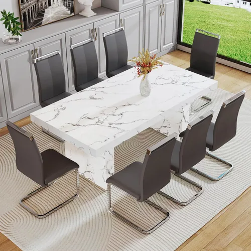 Vista 46 de gopop Mesa de comedor de mármol de 63 pulgadas, tablero de mesa de comedor MDF con patrón de mármol y base para cocina y comedor.