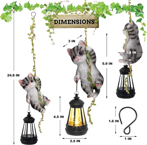 Vista 2 de Estatua de gato colgante solar, figura de gato negro de resina para exteriores con luces LED, adorno de gatito para jardín, valla, porche, patio