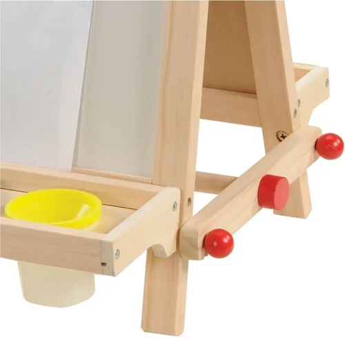 Vista 3 de Kaplan Early Learning - Caballete de madera plegable de dos caras con pizarra de borrado en seco, bandeja y vasos de pintura