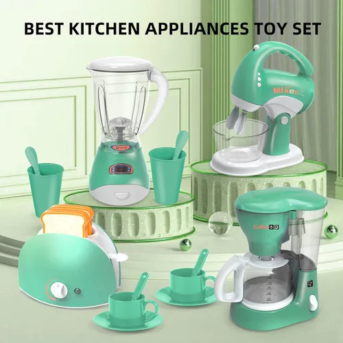Vista 7 de Yalujumb Juego de juguetes de cocina, juego de electrodomésticos de cocina con cafetera, mezclador, tostadora con luces y sonidos realistas, regalo
