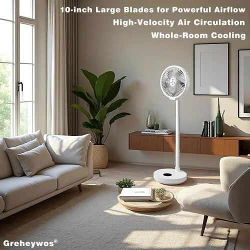 Vista 3 de Ventilador oscilante plegable recargable de 10 pulgadas, ventilador de pie con batería de 7200 mAh con control remoto, 6 velocidades y función