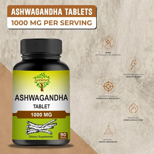 Vista 5 de Tabletas de Ashwagandha, 1000 mg Ashwagandha 100% natural y Withanolide Alivio del estrés rejuvenece la mente y el cuerpo mejora la fuerza