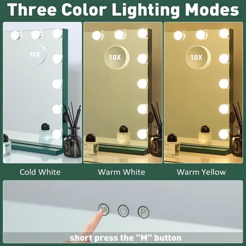 Vista 3 de HOMPEN Hollywood Vanity Mirror Makeup Mirror with Lights, Touch Screen, 3 Color Modes Frameless Tabletop Mirror with 17 Dimmable Bulbs, Green