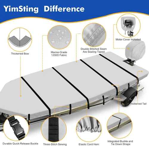 Vista 7 de Funda para barco Jon 1200D, cubierta de tecnología impermeable compuesta con cubierta de motor anti-UV para remolque, amarre, sorage, apta